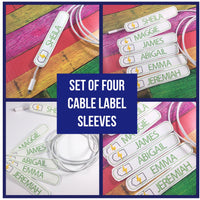 Personalized Phone Cable Label - cord organizer - SET of FOUR - Charger Cord Sleeve - cable  - for iphone lightning cable  or micro USB