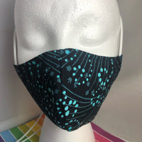 Shaped Face mask with single elastic cord - Black with Bright Aqua Dots