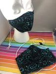 Shaped Face mask with single elastic cord - Black with Bright Aqua Dots