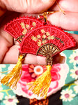 Asian Fan Freestanding Lace Embroidered Earrings